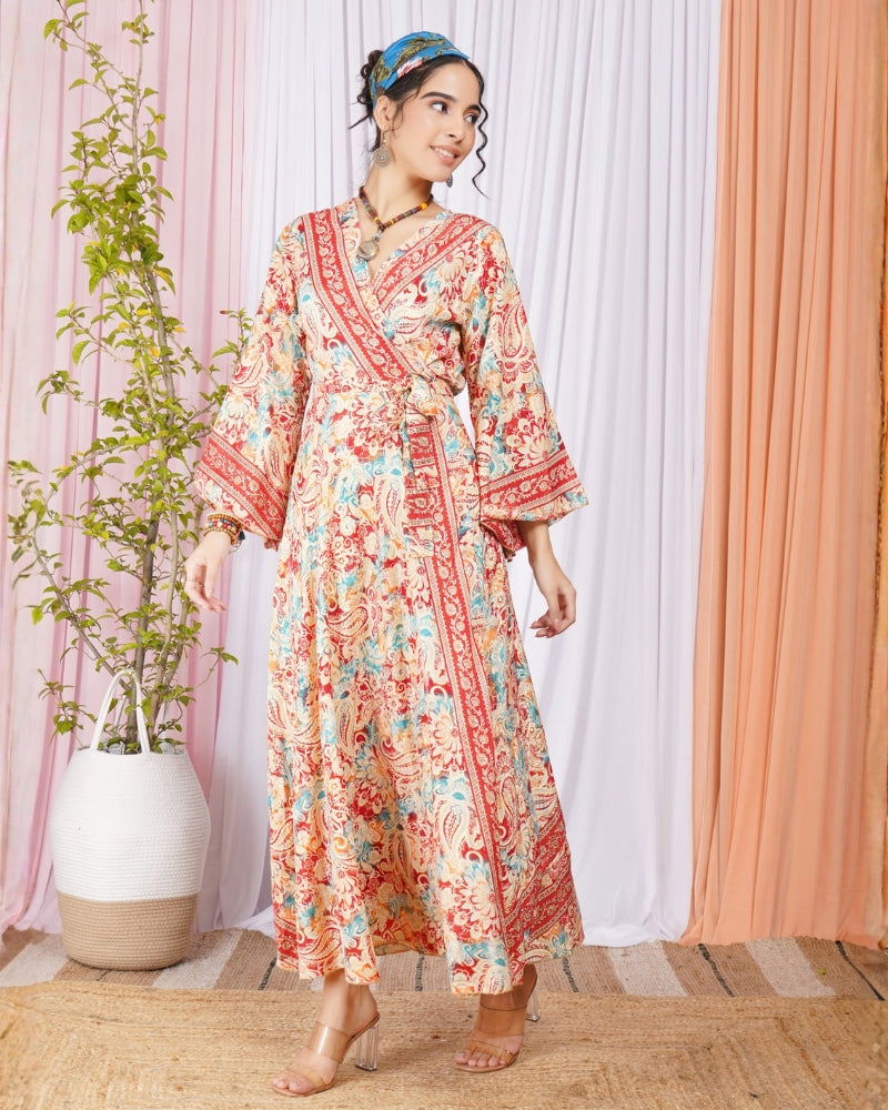 Elysia coral bloom wrap maxi dress