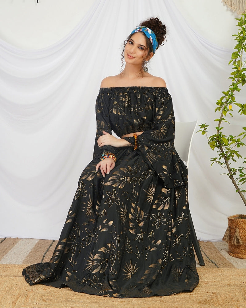 Amarielle black-gold boho skirt co-ord set