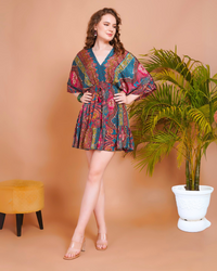 Liora teal bloom kimono mini dress