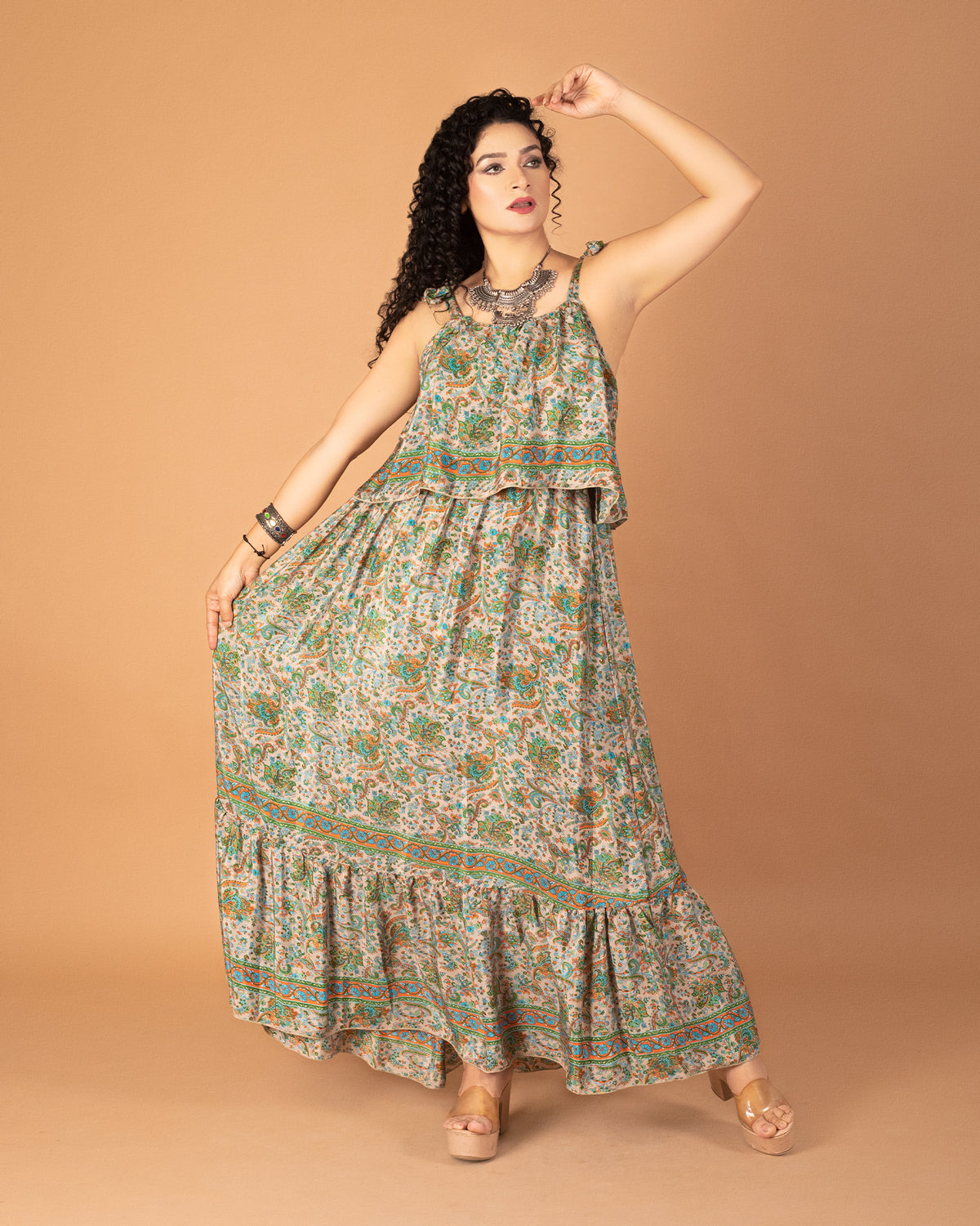 Boho blooms long ruffle dress