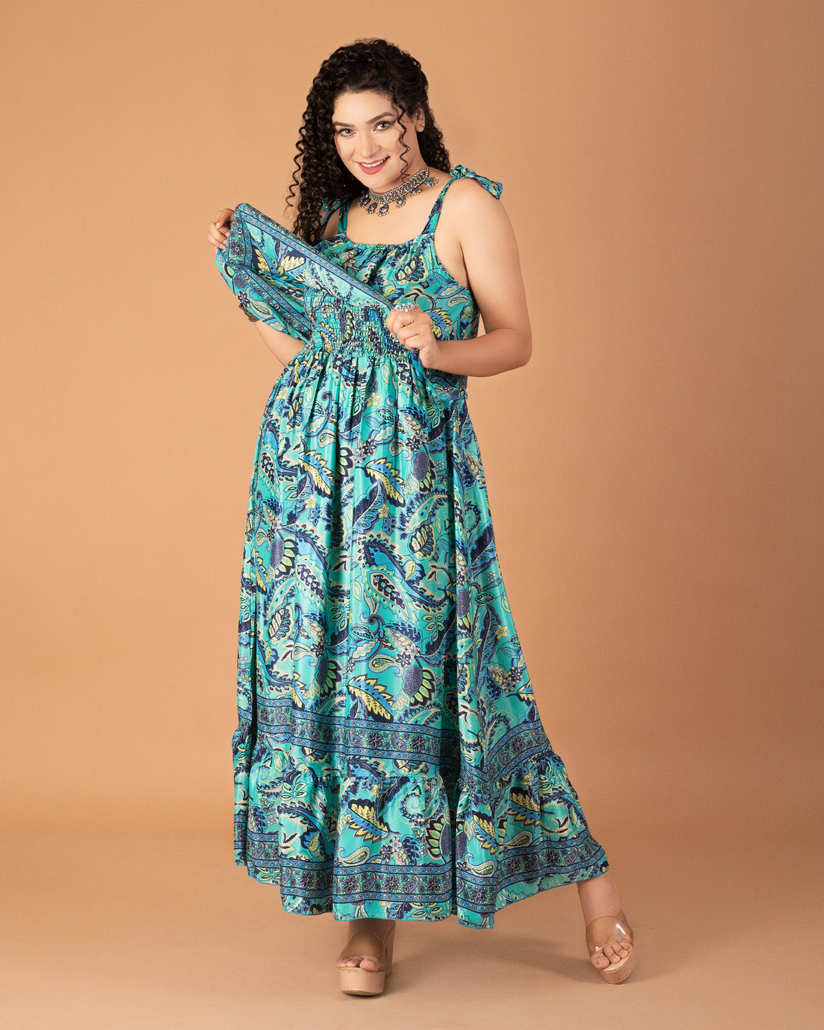 Emerald serenade long ruffle dress