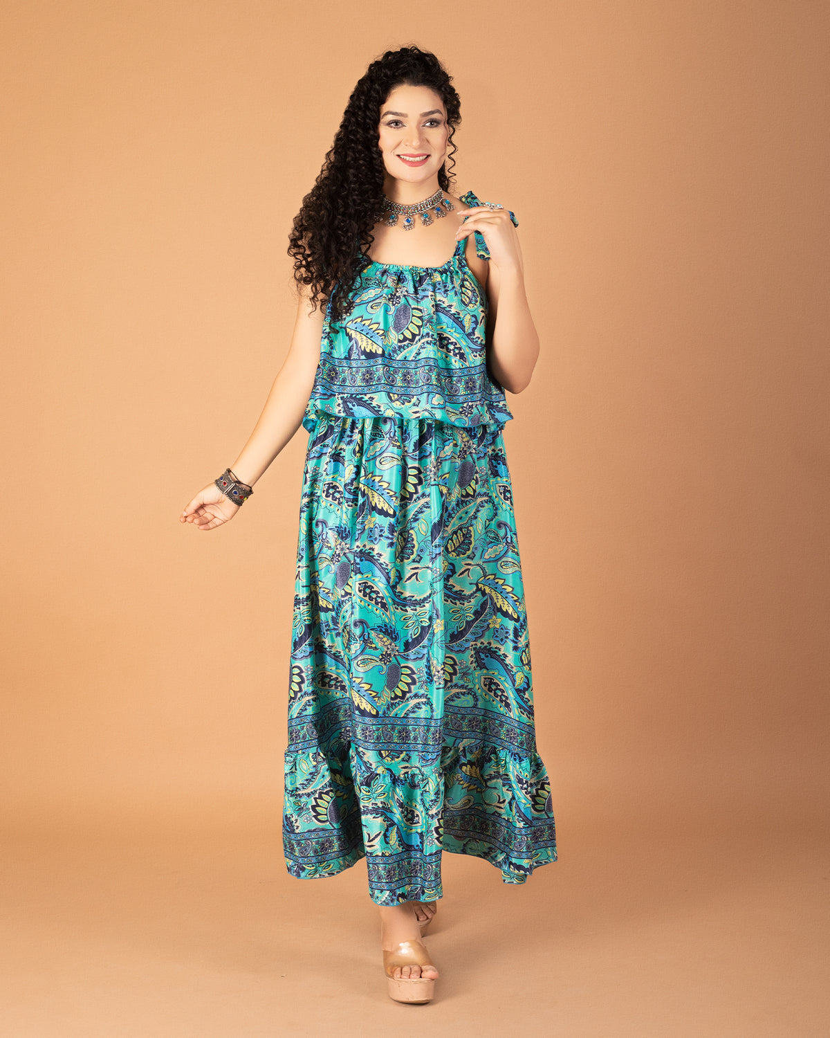 Emerald serenade long ruffle dress