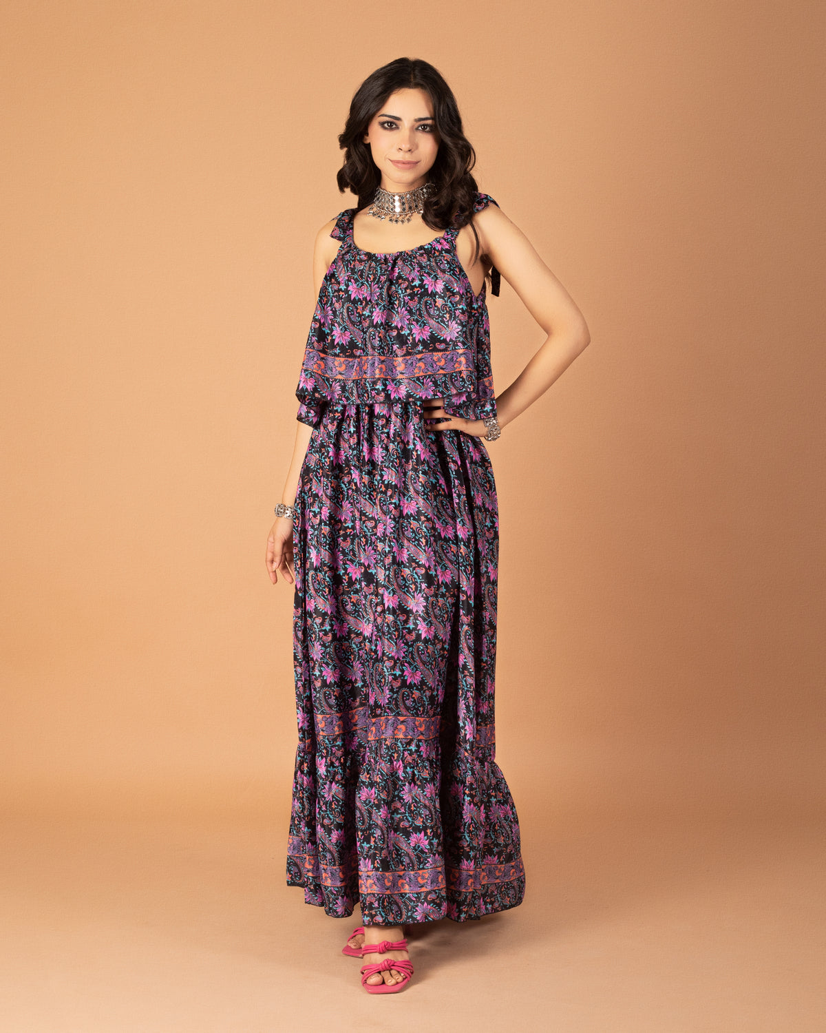 Midnight blossom long ruffle dress