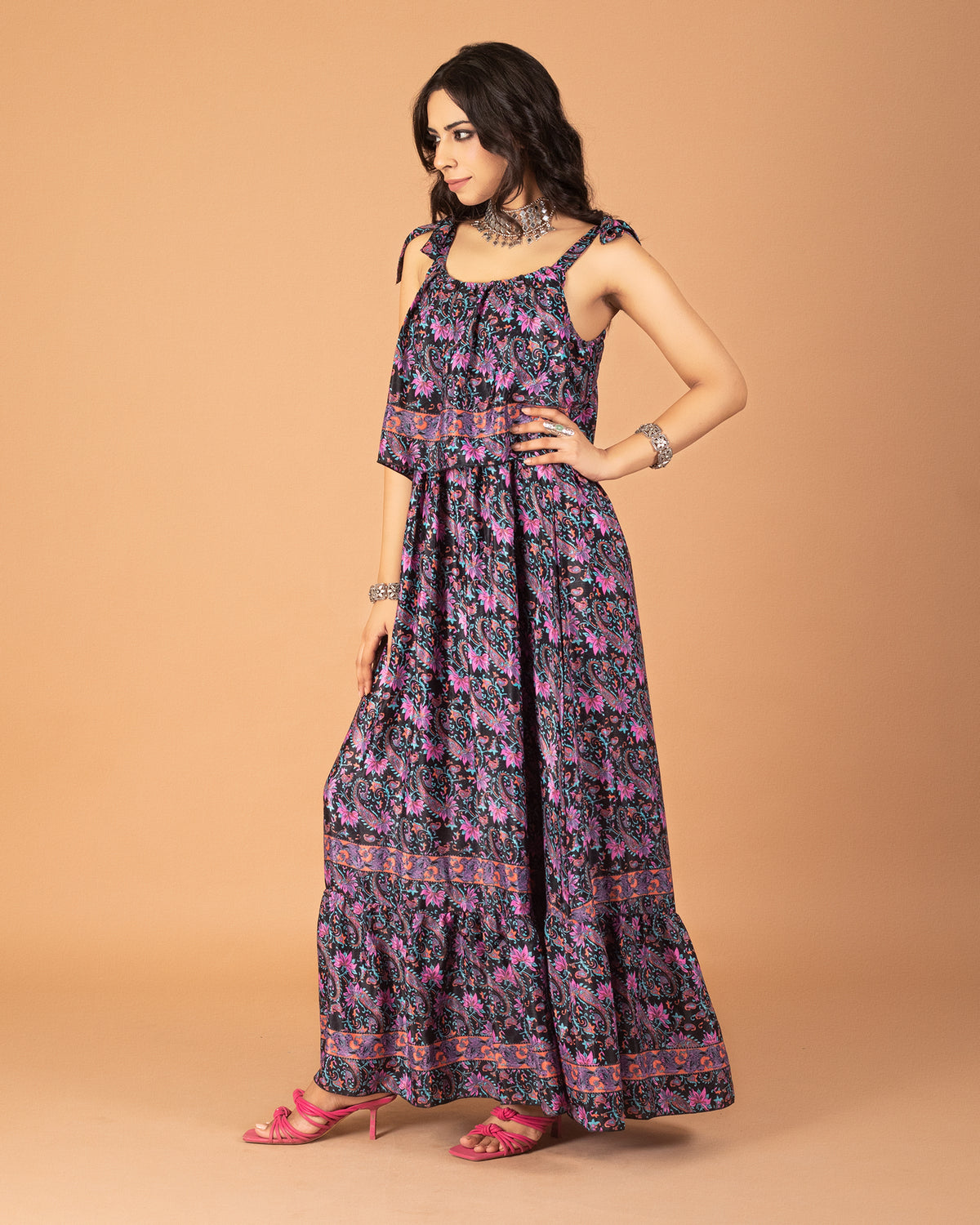 Midnight blossom long ruffle dress