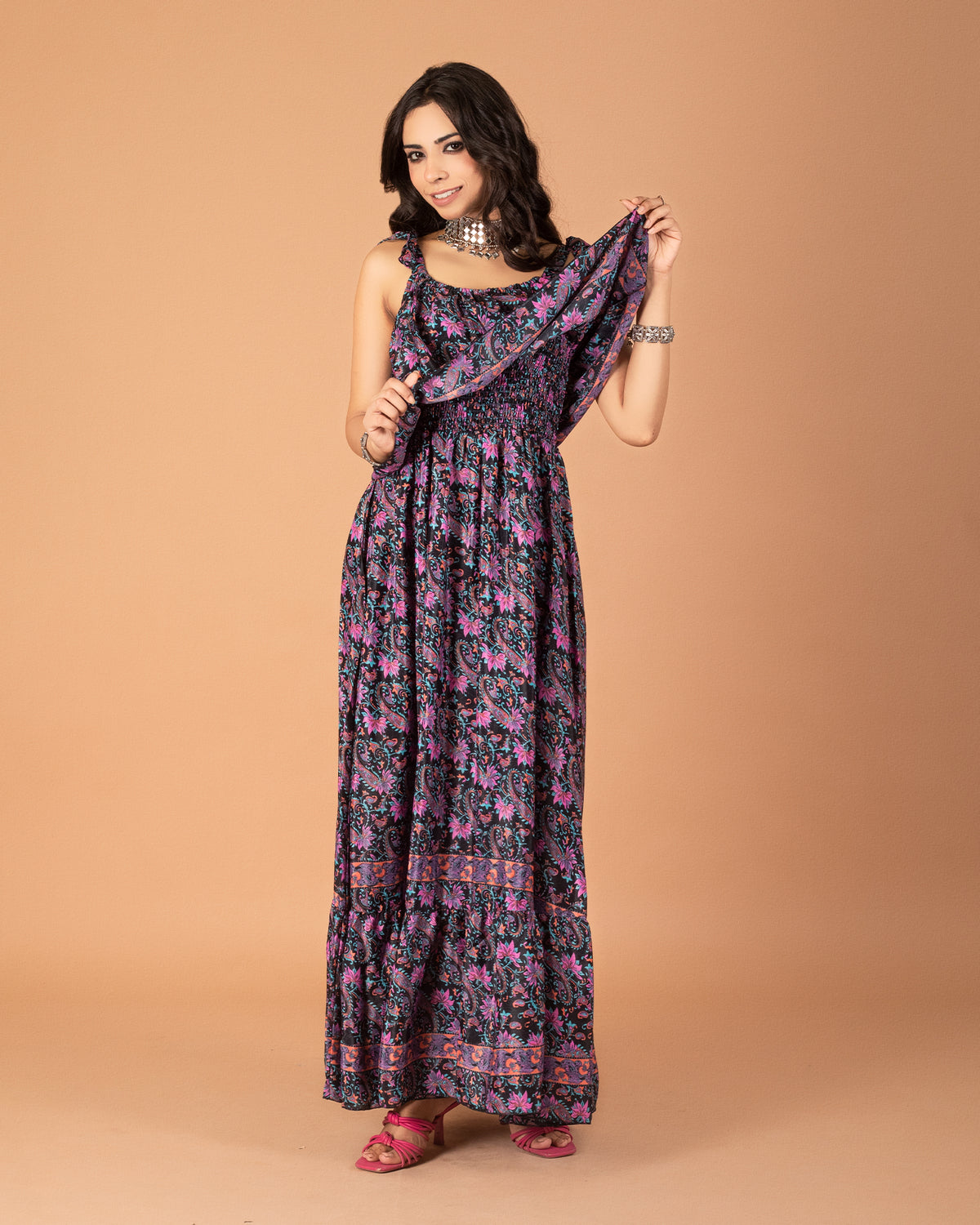 Midnight blossom long ruffle dress