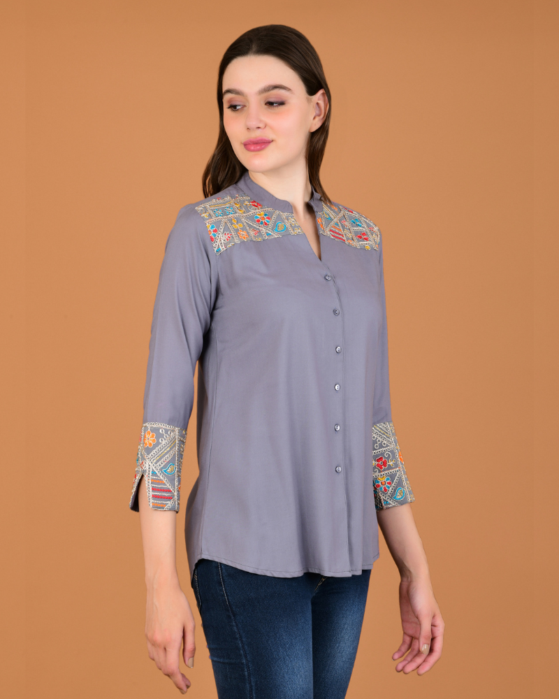 Mystic embroidery patchwork shirt