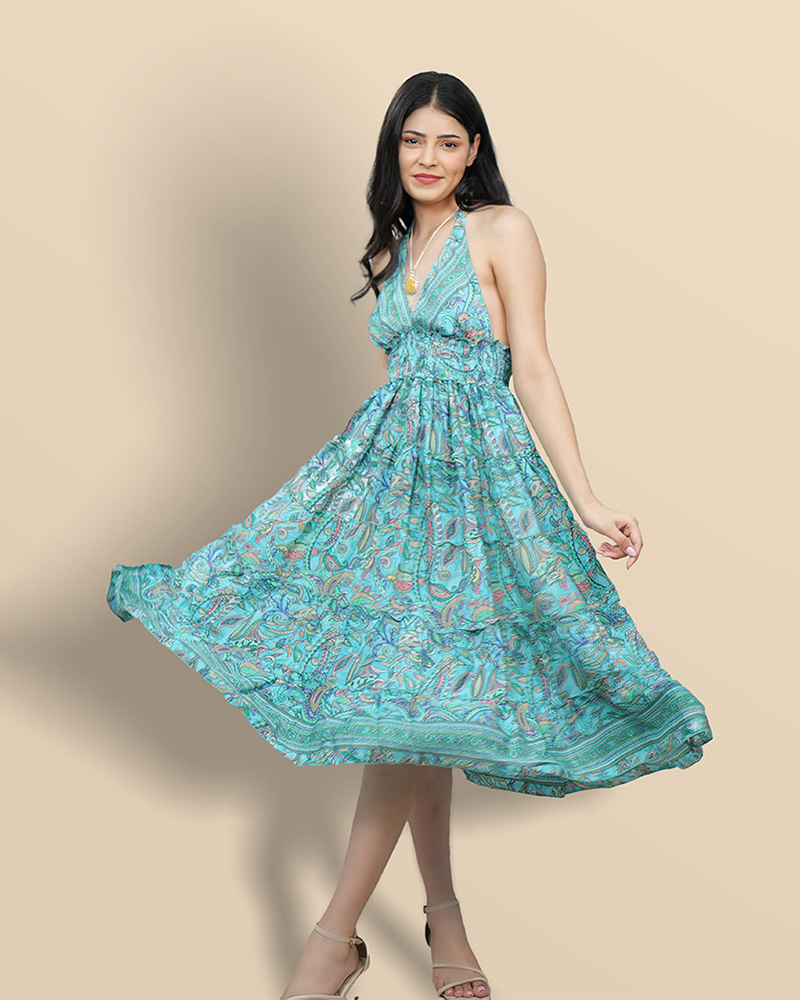 Cascading teal paisley reverie backless dress