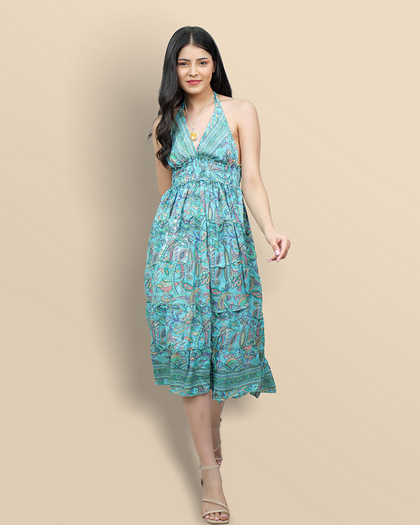 Cascading teal paisley reverie backless dress