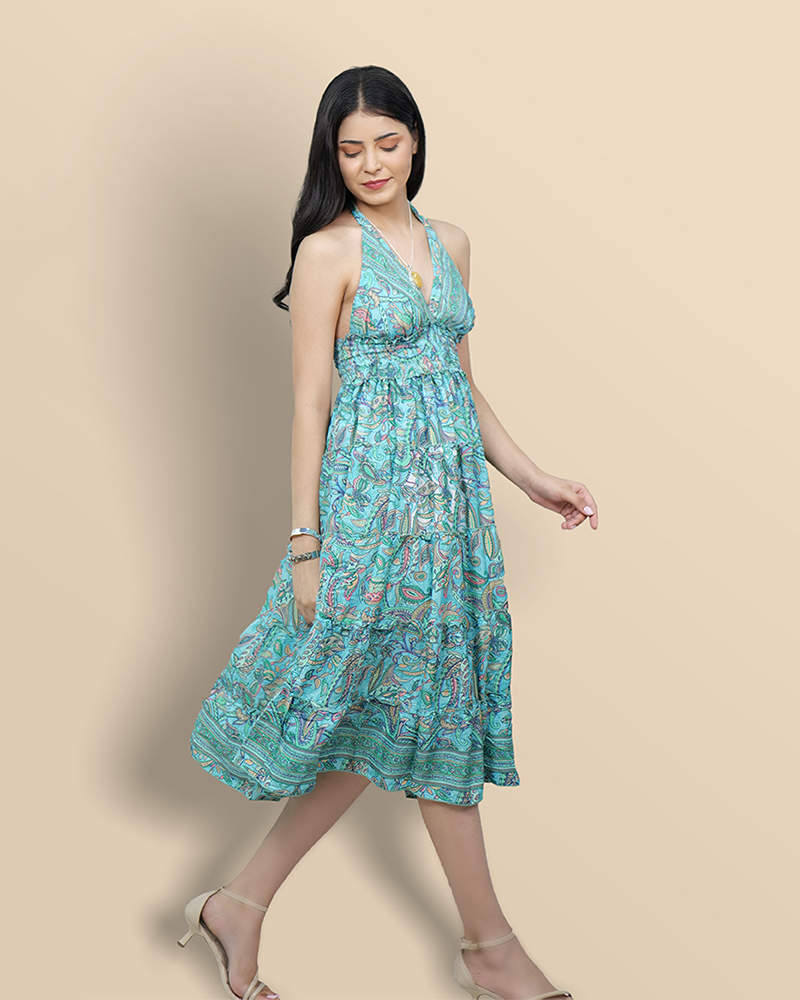 Cascading teal paisley reverie backless dress