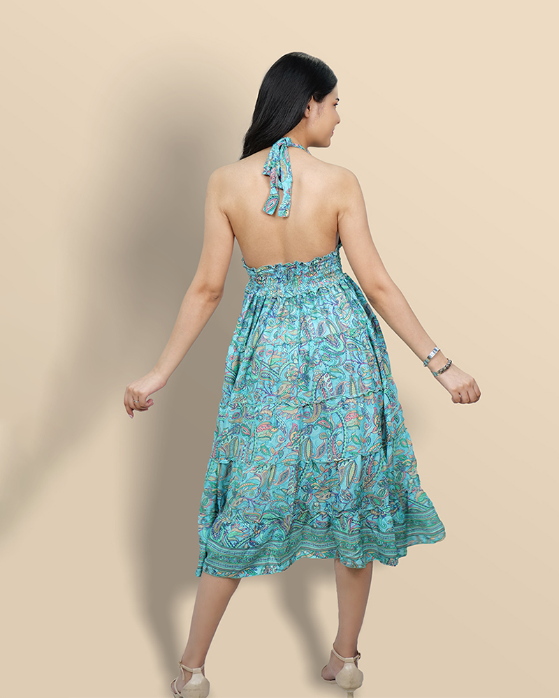 Cascading teal paisley reverie backless dress